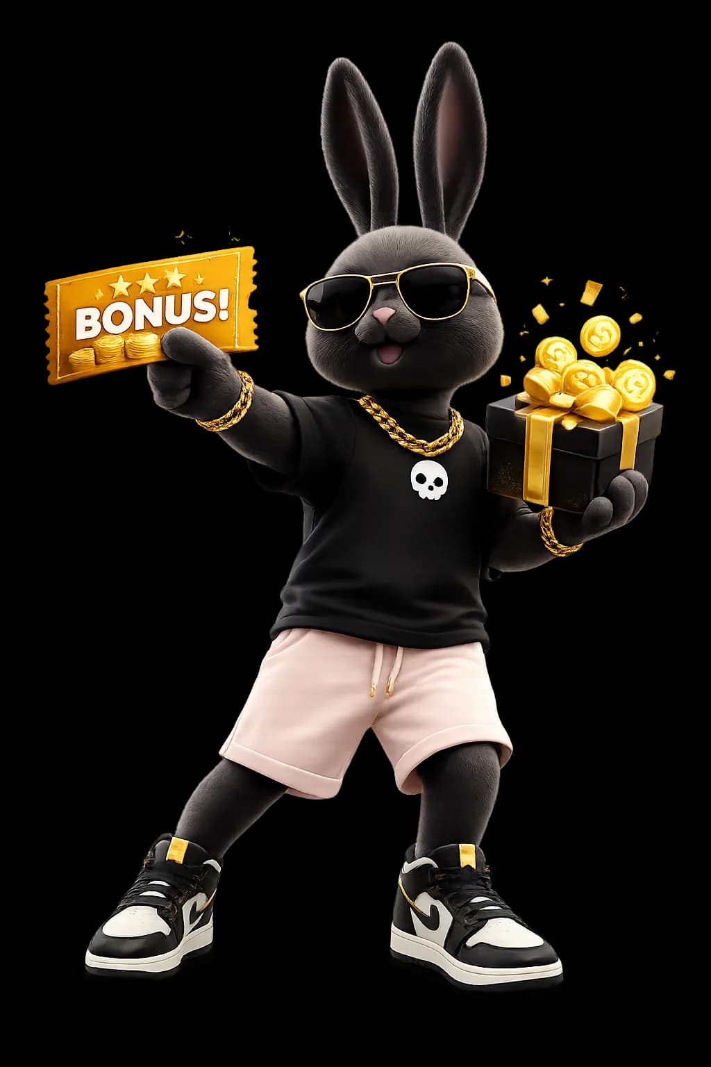Pink-rabbit mascot holding a bonus ticket