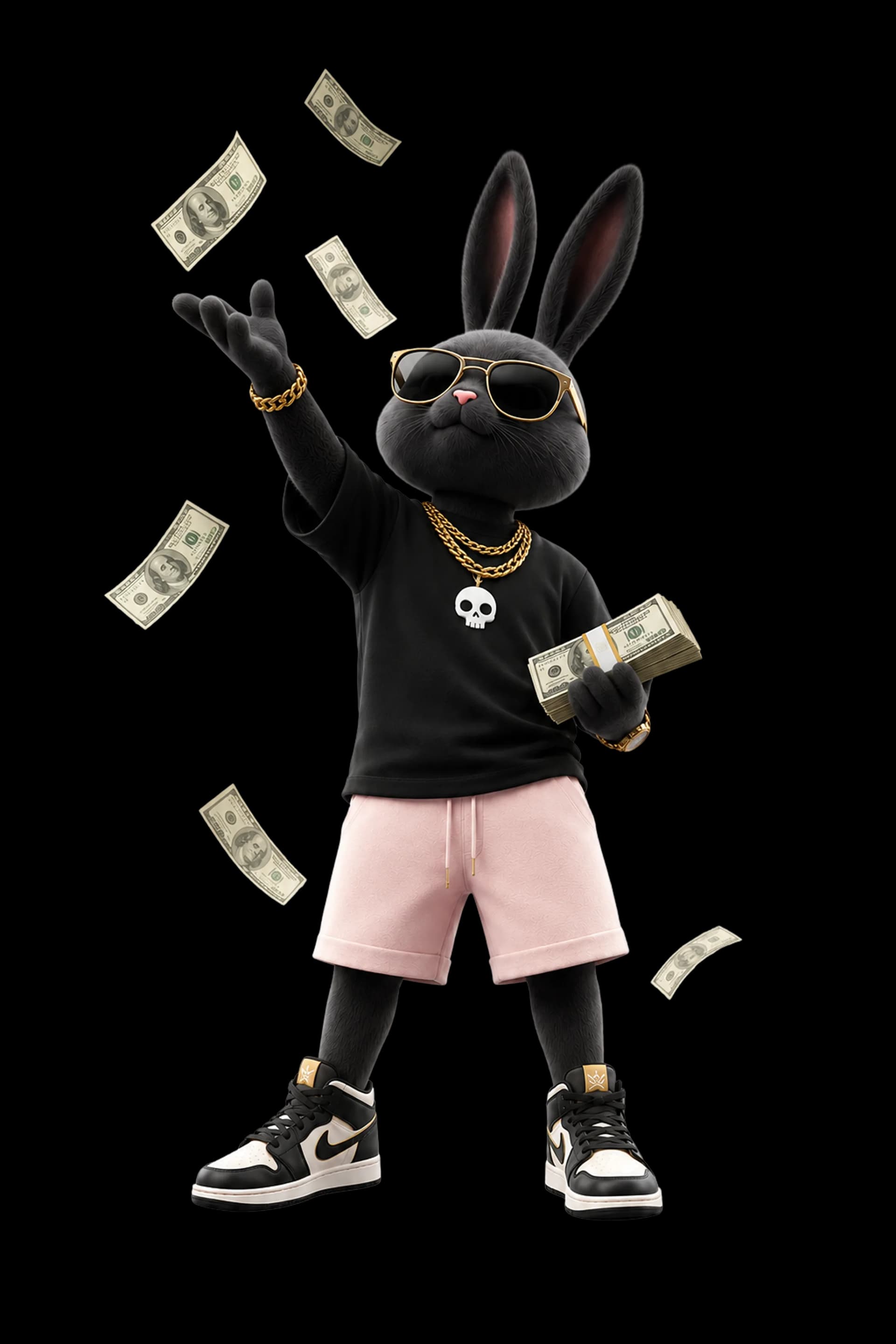 Pink-rabbit mascot tossing cash