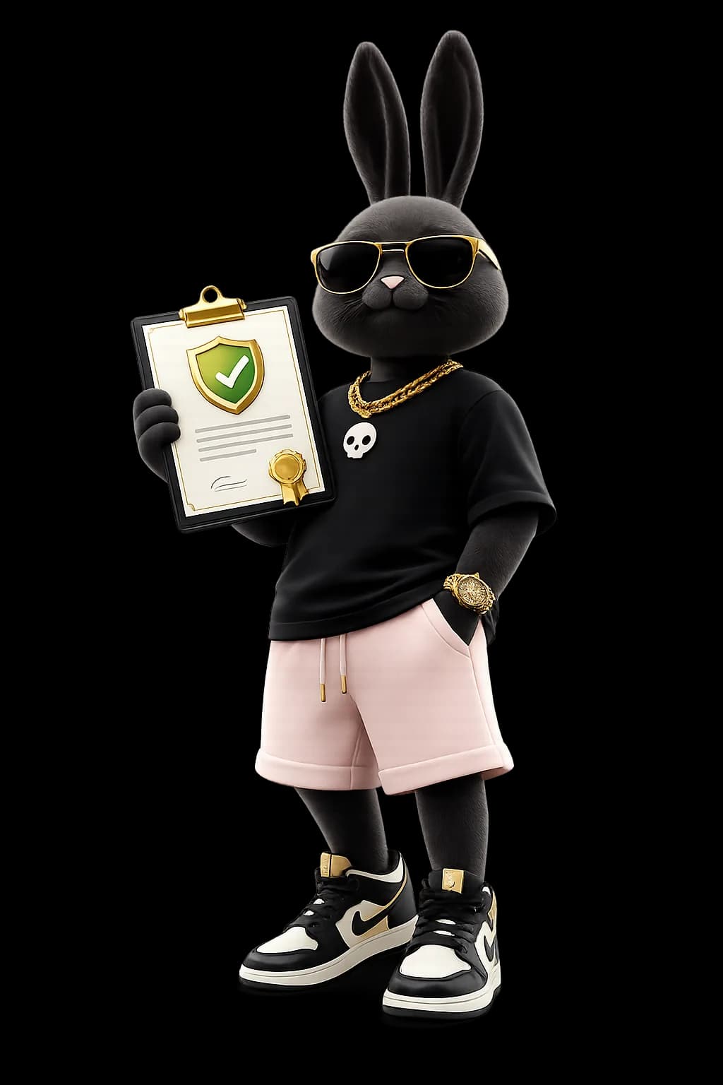 Pink-rabbit mascot holding a licence document