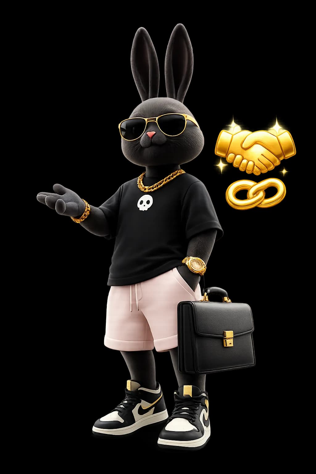 Pink-rabbit mascot with a partnership handshake
